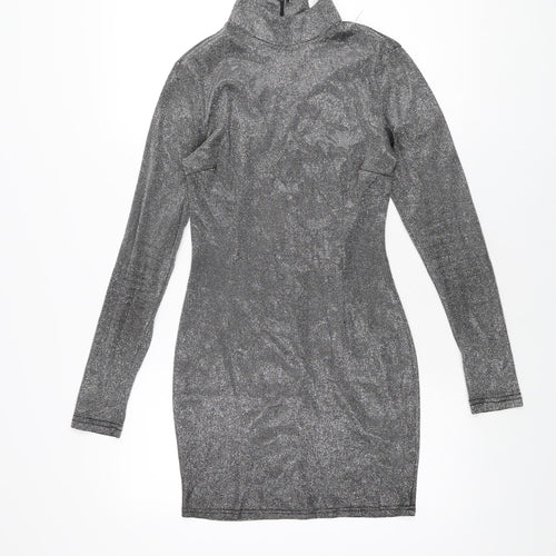 Missguided Womens Silver Polyester Bodycon Size 8 High Neck Zip
