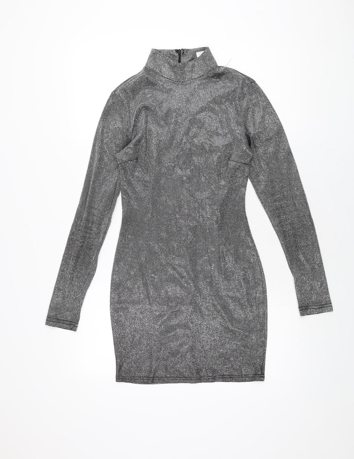 Missguided Womens Silver Polyester Bodycon Size 8 High Neck Zip