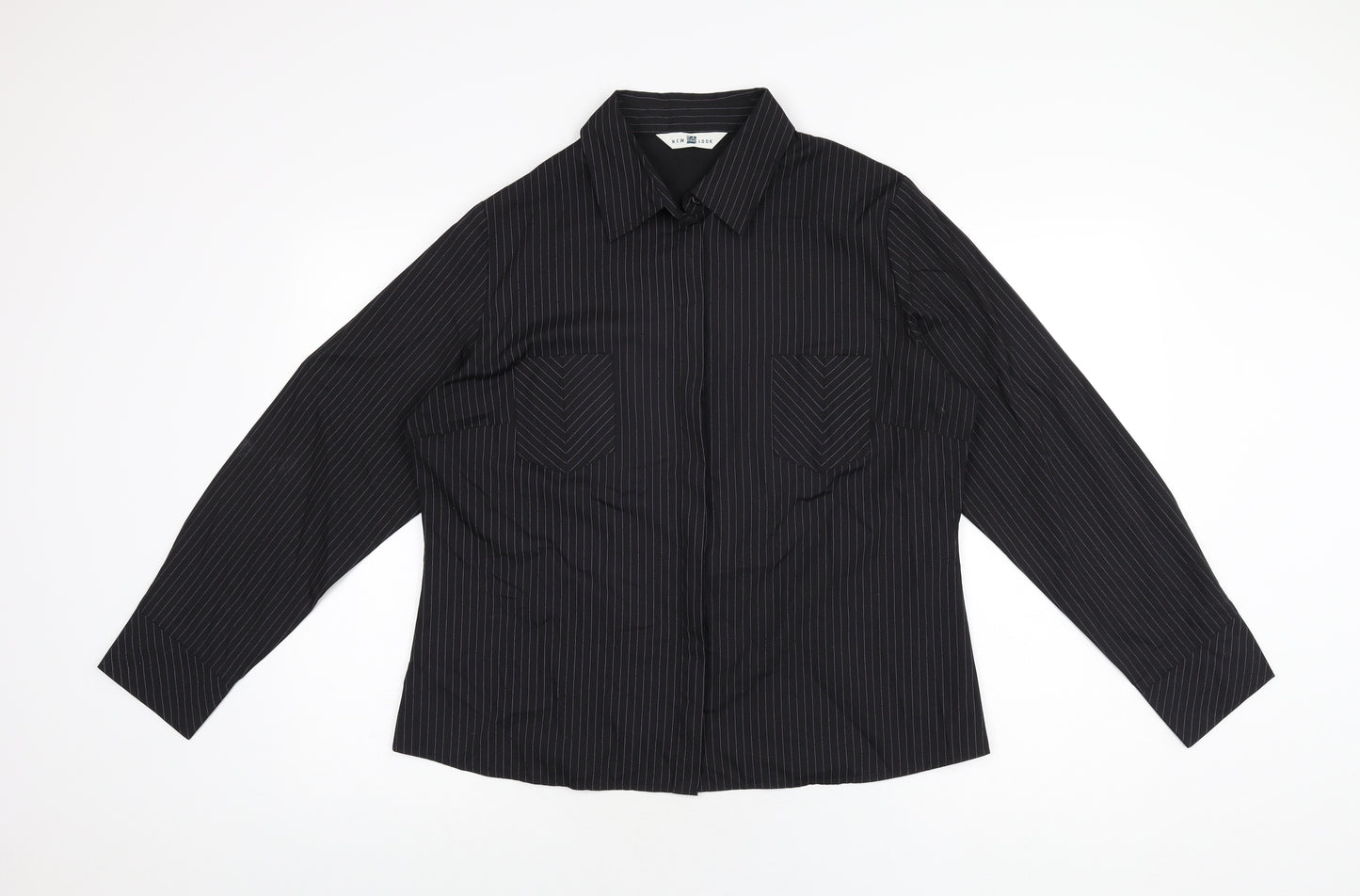 New Look Womens Black Striped Polyester Basic Button-Up Size 18 Collared
