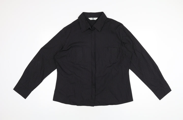 New Look Womens Black Striped Polyester Basic Button-Up Size 18 Collared