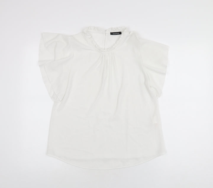 Boohoo Womens White Polyester Basic T-Shirt Size 8 Round Neck