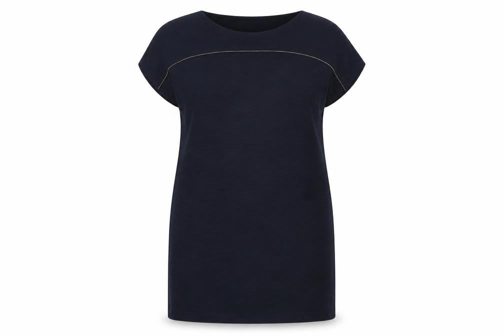 Front view of Celuu women’s blue viscose shift, size UK 12, boat neck pullover