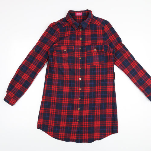 Skin Womens Red Plaid Polyester Shirt Dress Size 12 Collared Button