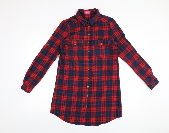 Skin Womens Red Plaid Polyester Shirt Dress Size 12 Collared Button