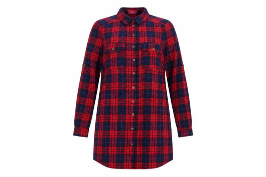 Front view of Skin women’s red plaid polyester shirt dress, size UK 12, collared button