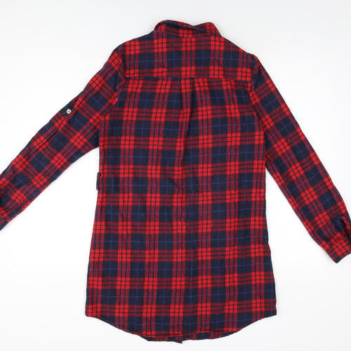 Skin Womens Red Plaid Polyester Shirt Dress Size 12 Collared Button