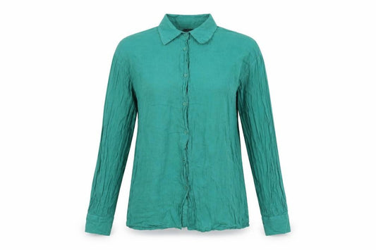 Front view of In the Style women’s green cotton basic button-up, size UK 8, collared