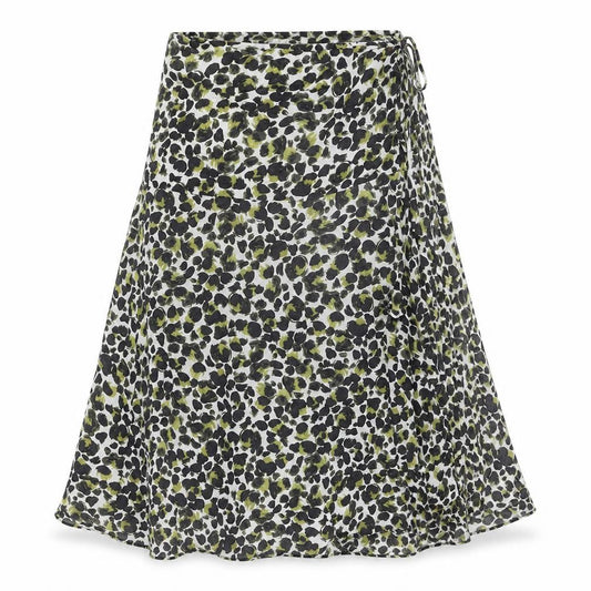 Front view of AND/OR women’s multicoloured geometric viscose swing skirt, size UK 8, tie