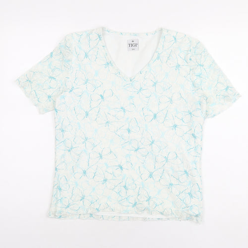TIGI Womens White Geometric Polyester Basic T-Shirt Size 10 V-Neck - Size 10-12