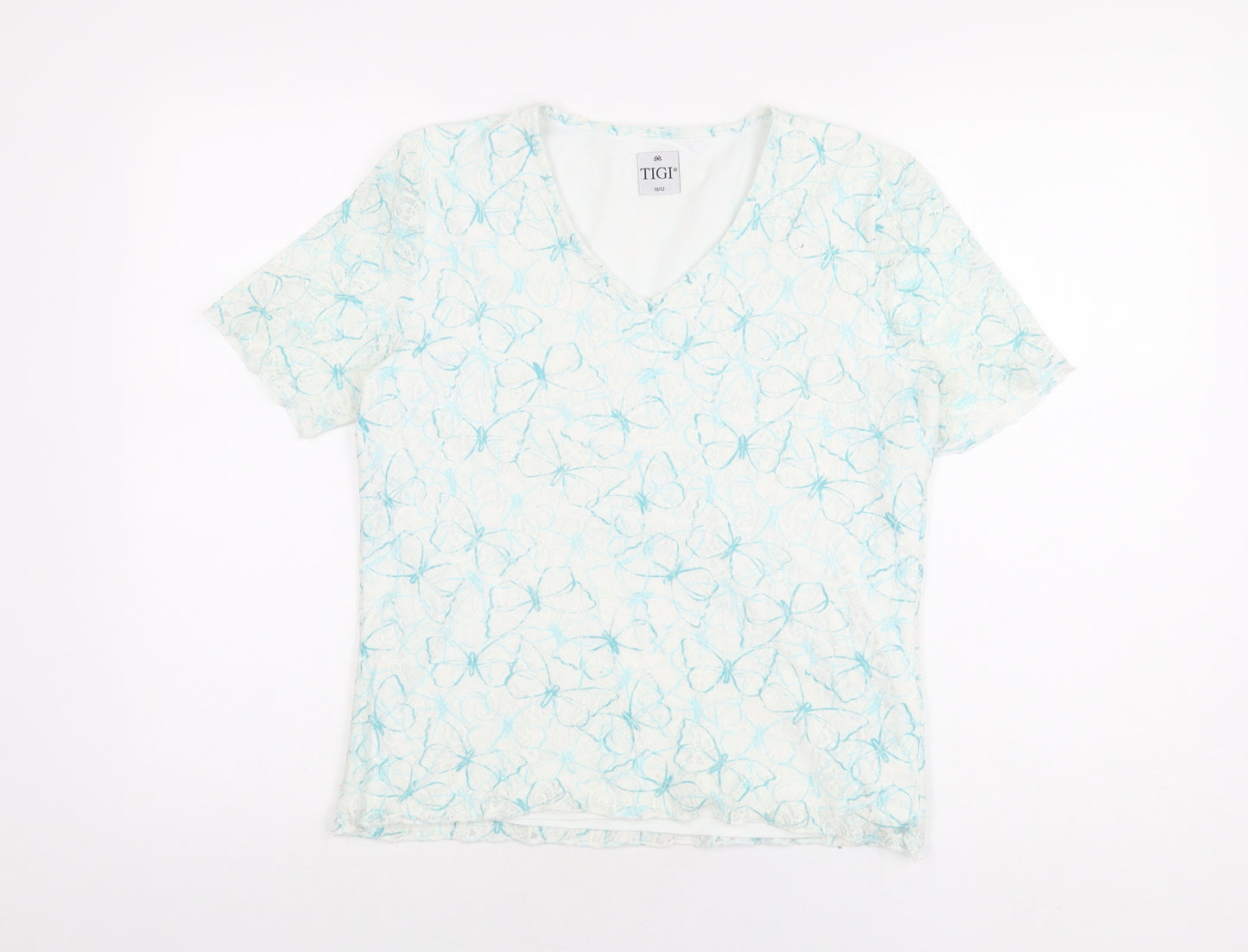 TIGI Womens White Geometric Polyester Basic T-Shirt Size 10 V-Neck - Size 10-12