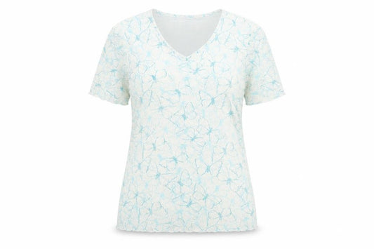 Front view of TIGI women’s white geometric polyester basic t-shirt, size UK 10, v-neck -, size UK 10-12