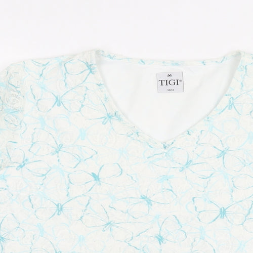 TIGI Womens White Geometric Polyester Basic T-Shirt Size 10 V-Neck - Size 10-12