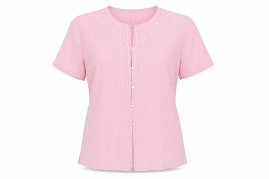 Front view of Damart women’s pink polyester basic button-up, size UK 14, round neck