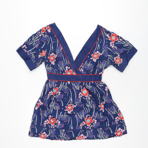 Oasis Womens Blue Floral Cotton Basic Blouse Size 12 V-Neck