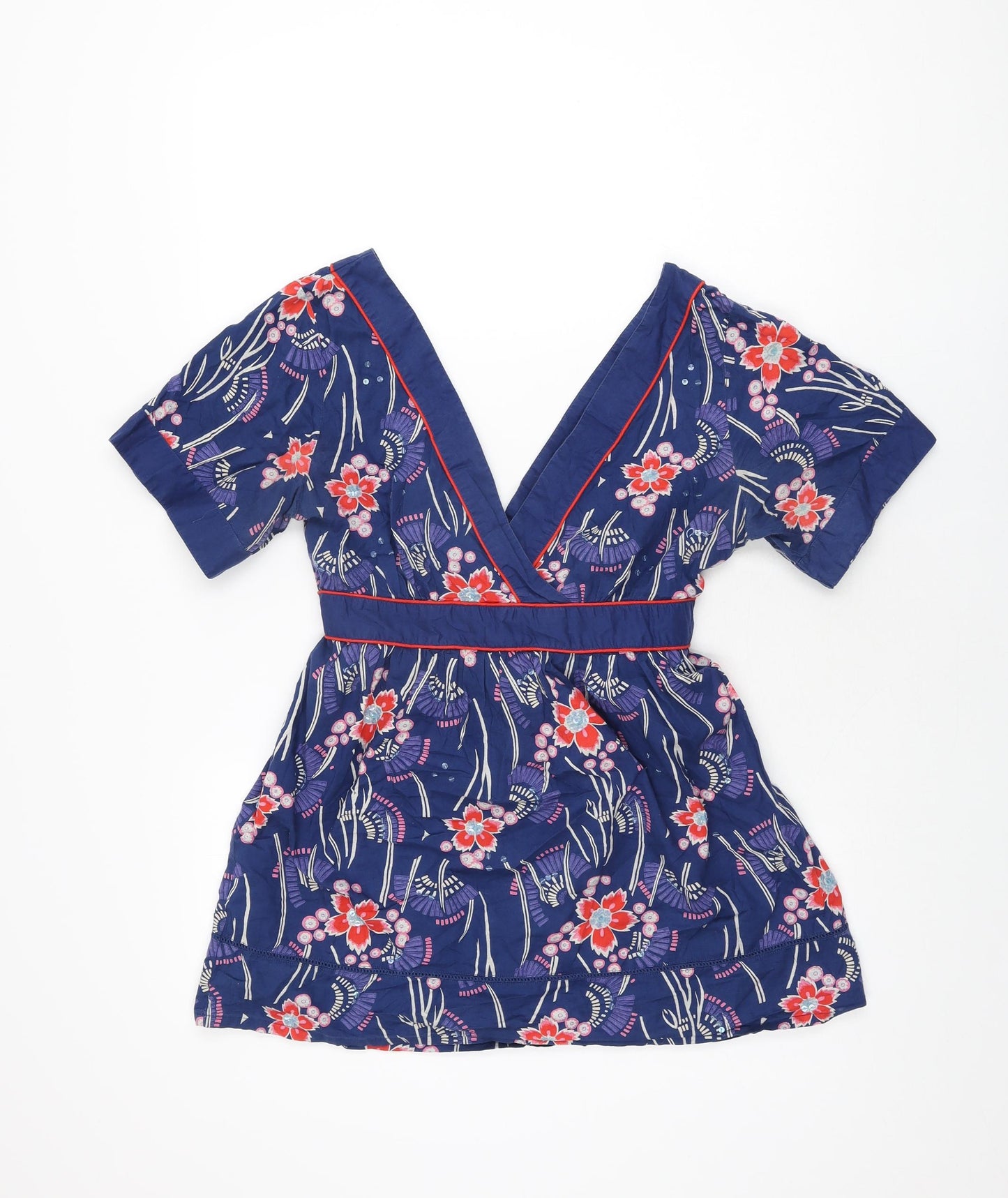 Oasis Womens Blue Floral Cotton Basic Blouse Size 12 V-Neck