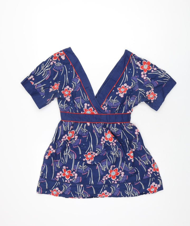 Oasis Womens Blue Floral Cotton Basic Blouse Size 12 V-Neck