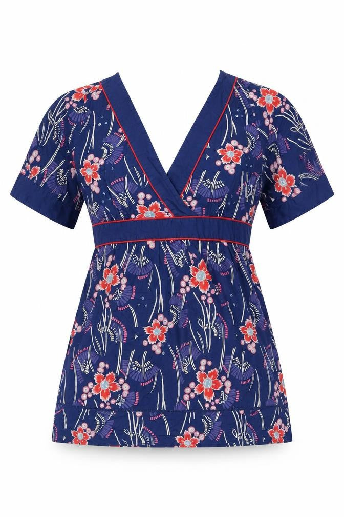 Front view of Oasis women’s blue floral cotton basic blouse, size UK 12, v-neck