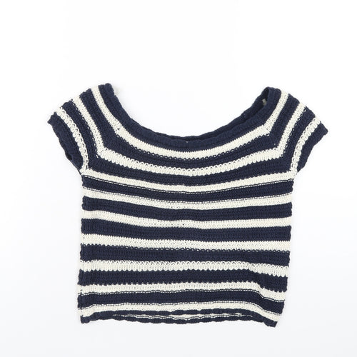 LU NYC Womens Blue Striped Acrylic Basic T-Shirt Size S Boat Neck