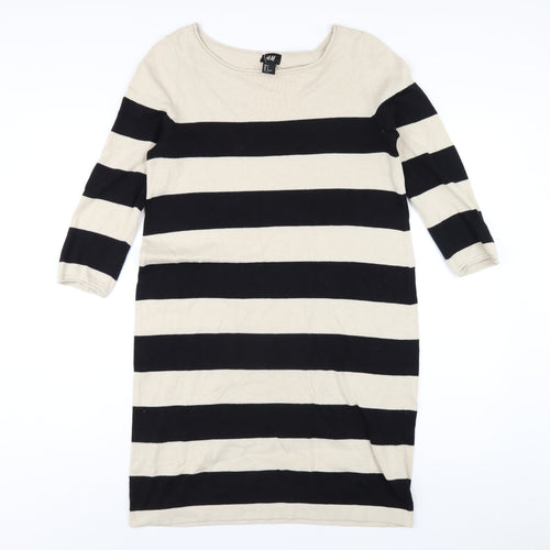 H&M Womens Beige Striped Cotton Jumper Dress Size S Boat Neck Pullover