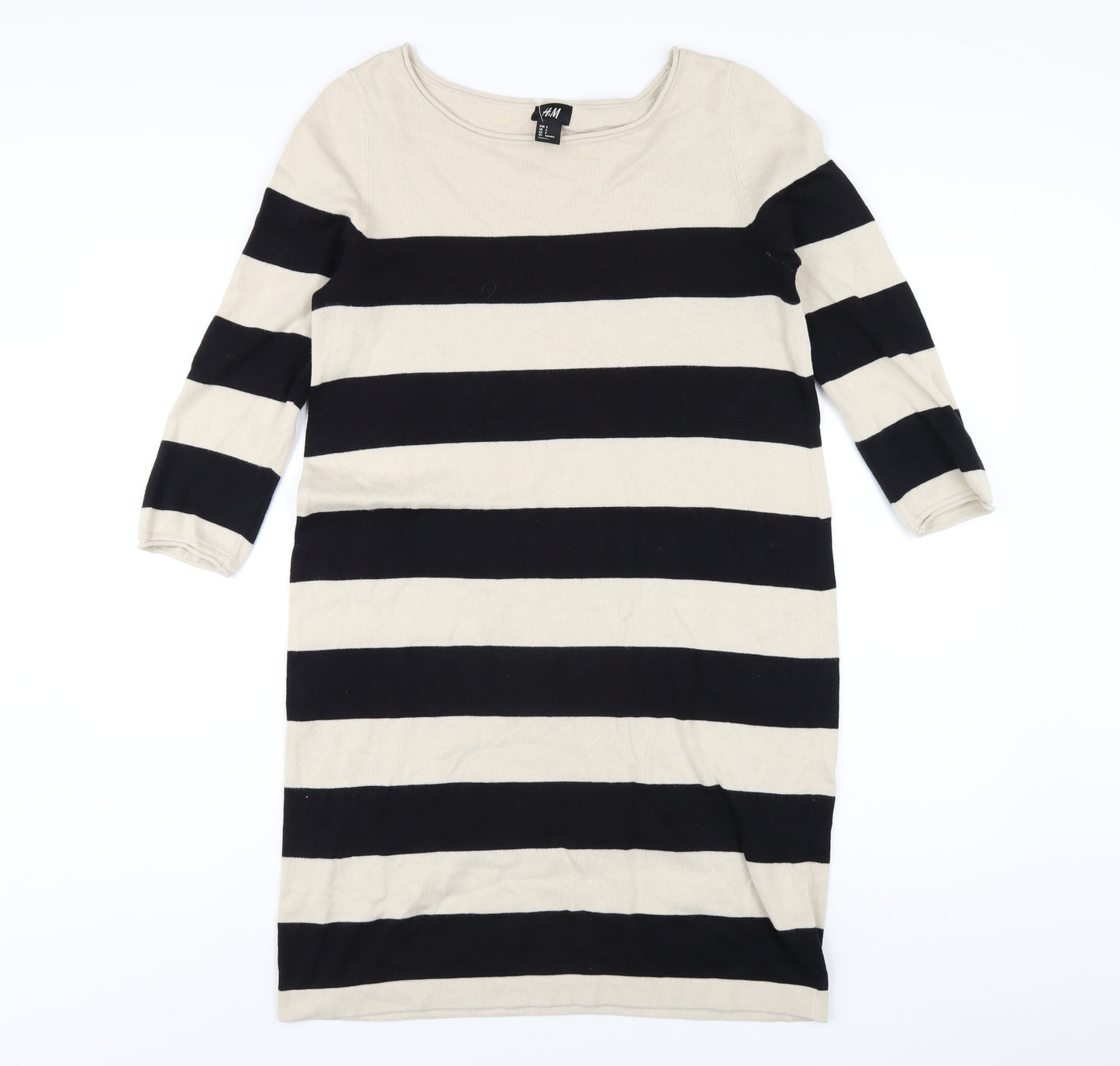H&M Womens Beige Striped Cotton Jumper Dress Size S Boat Neck Pullover