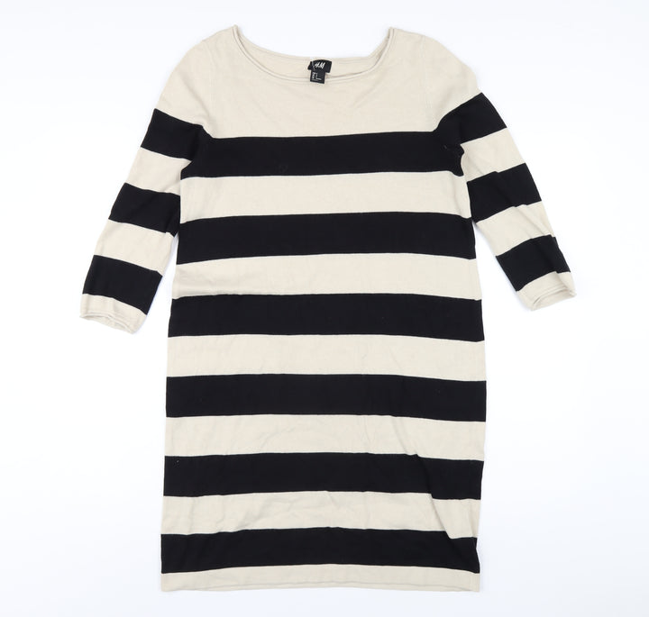 H&M Womens Beige Striped Cotton Jumper Dress Size S Boat Neck Pullover
