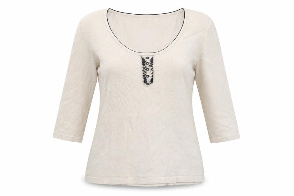 Front view of Alex & Co women’s beige scoop neck viscose jumper, size UK 14