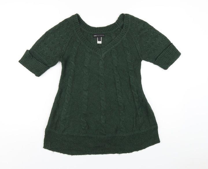 Mango Womens Green V-Neck Acrylic Pullover Jumper Size S