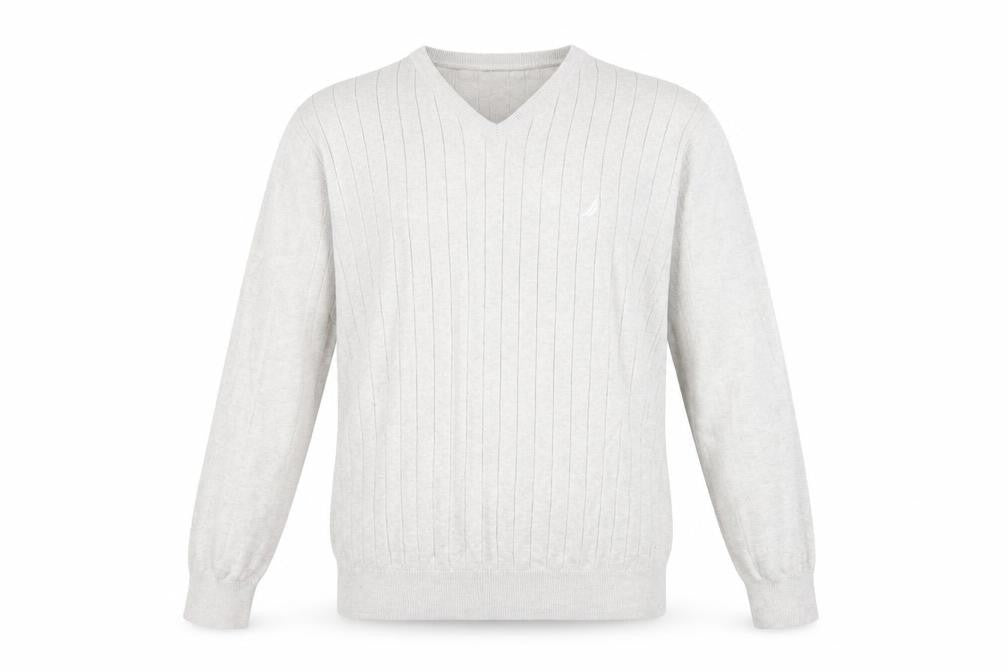 Front view of Nautica men’s beige v-neck cotton jumper, size XL, long sleeve