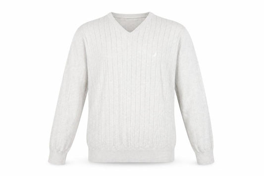 Front view of Nautica men’s beige v-neck cotton jumper, size XL, long sleeve