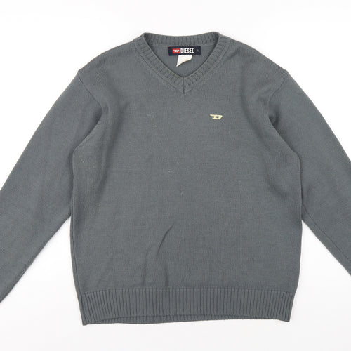 Diesel Mens Grey V-Neck Acrylic Pullover Jumper Size L Long Sleeve