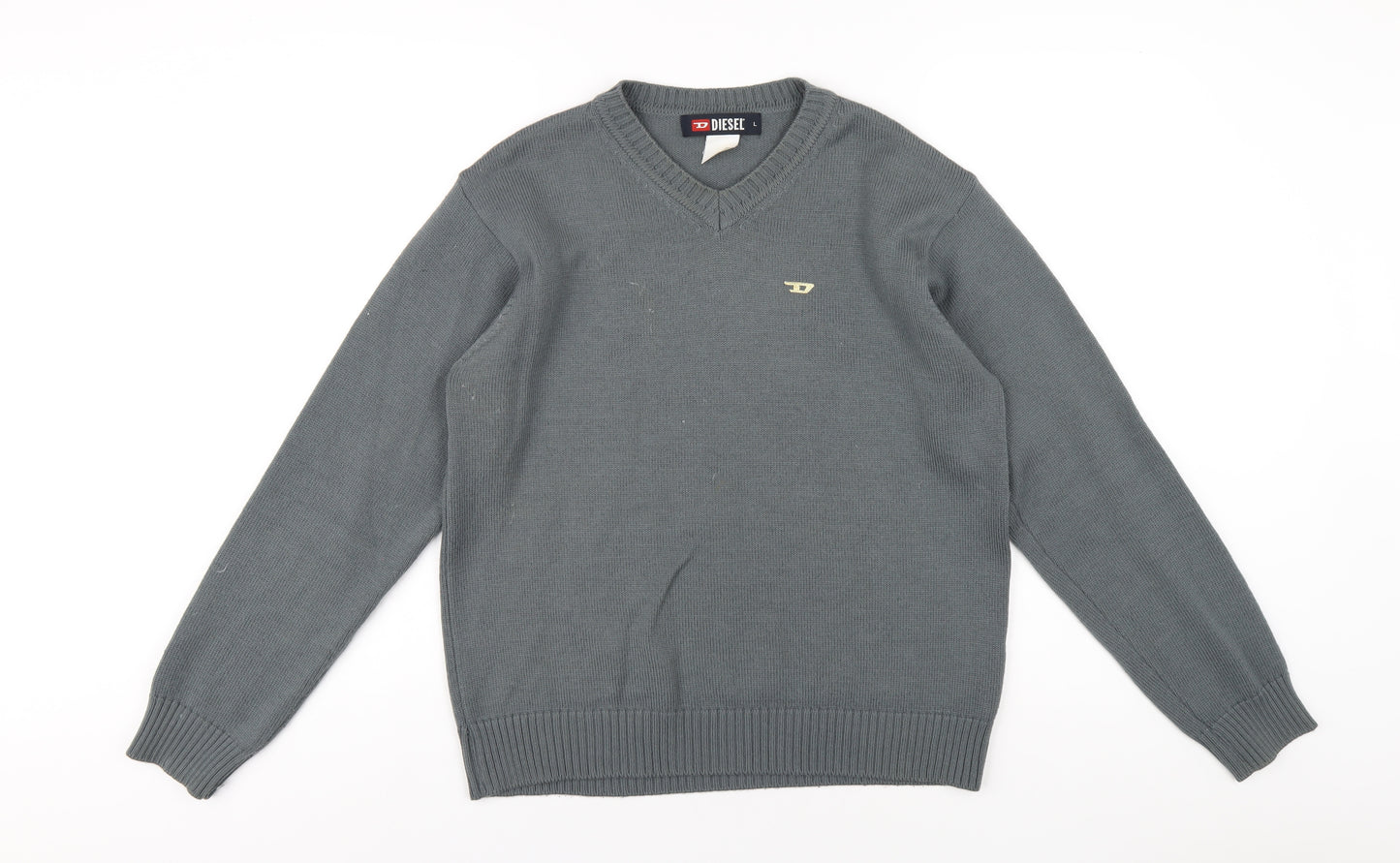 Diesel Mens Grey V-Neck Acrylic Pullover Jumper Size L Long Sleeve