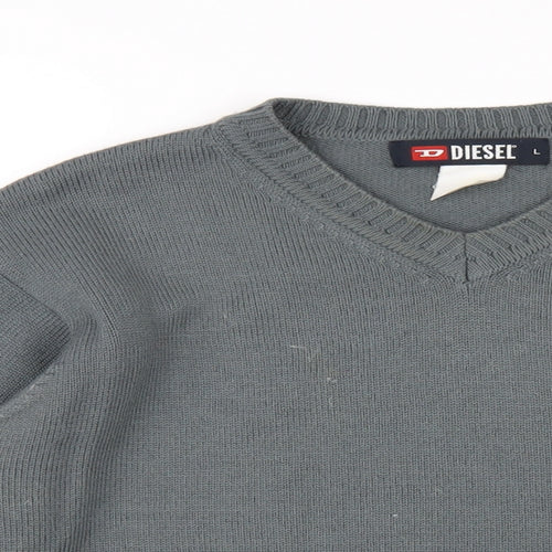 Diesel Mens Grey V-Neck Acrylic Pullover Jumper Size L Long Sleeve