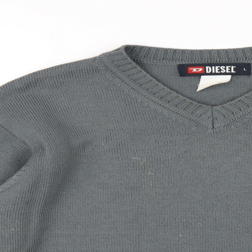 Diesel Mens Grey V-Neck Acrylic Pullover Jumper Size L Long Sleeve