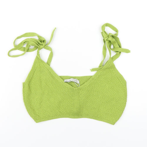 Pull&Bear Womens Green Cotton Cropped T-Shirt Size M V-Neck
