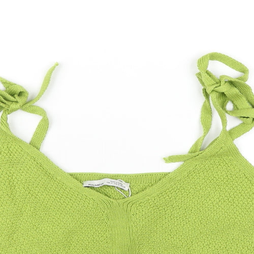 Pull&Bear Womens Green Cotton Cropped T-Shirt Size M V-Neck