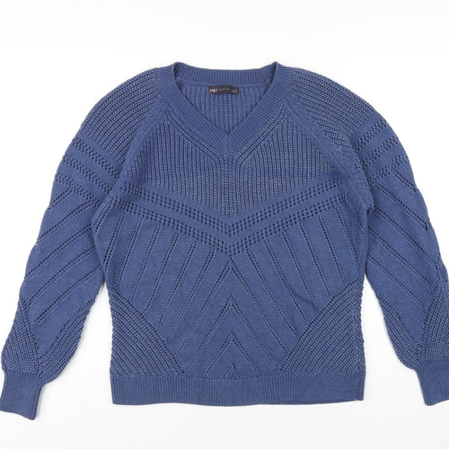Marks and Spencer Womens Blue V-Neck Cotton Pullover Jumper Size M