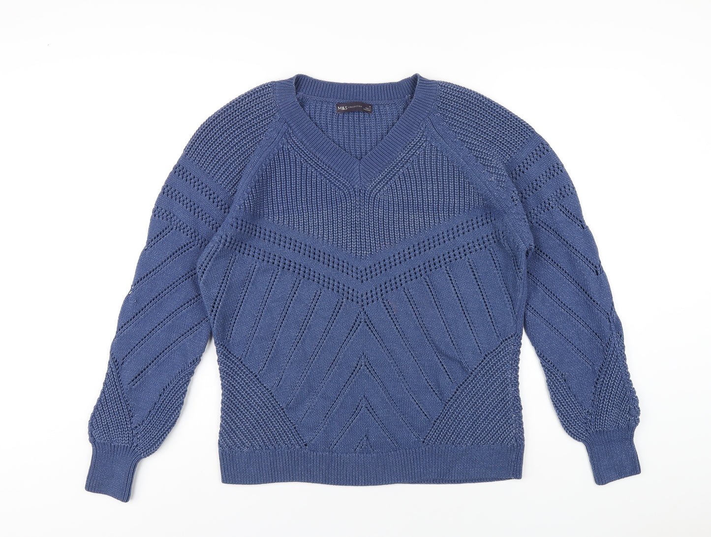 Marks and Spencer Womens Blue V-Neck Cotton Pullover Jumper Size M