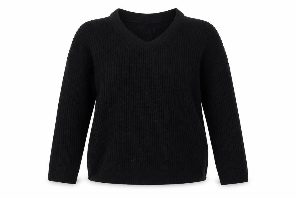 Front view of New Look women’s black round neck acrylic jumper, size S, - cold shoulder
