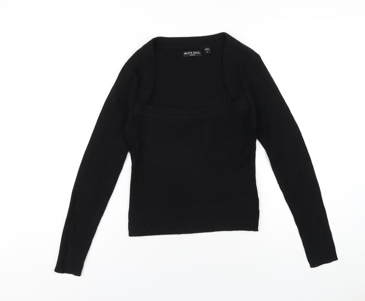 Brave Soul Womens Black Square Neck Acrylic Pullover Jumper Size S