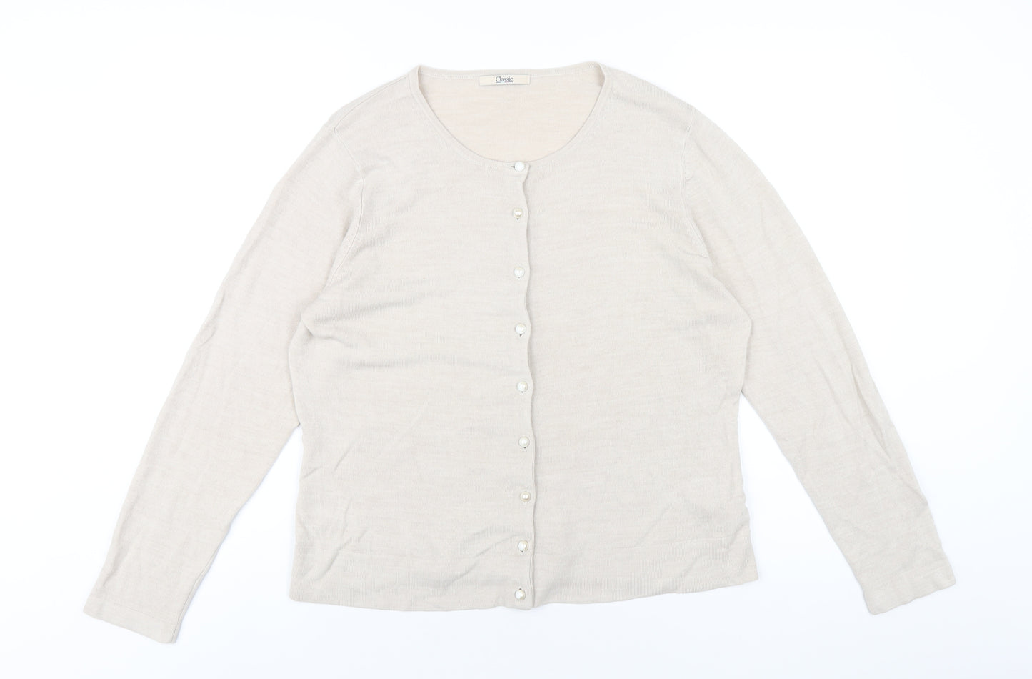 Classic Womens Beige Round Neck Acrylic Cardigan Jumper Size 16