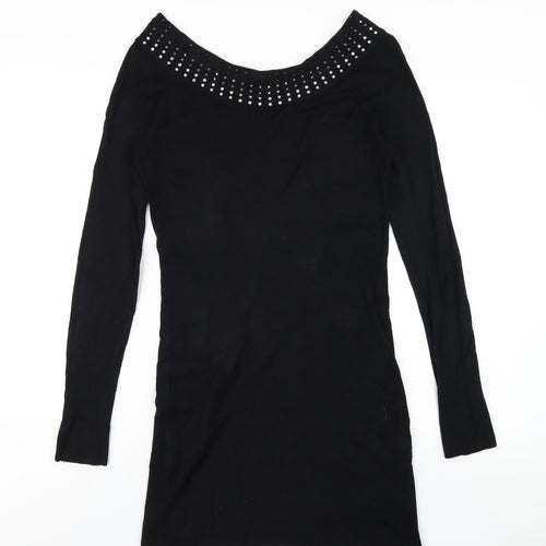 Y London Womens Black Viscose Bodycon Size L Boat Neck Pullover - Studded Neckline