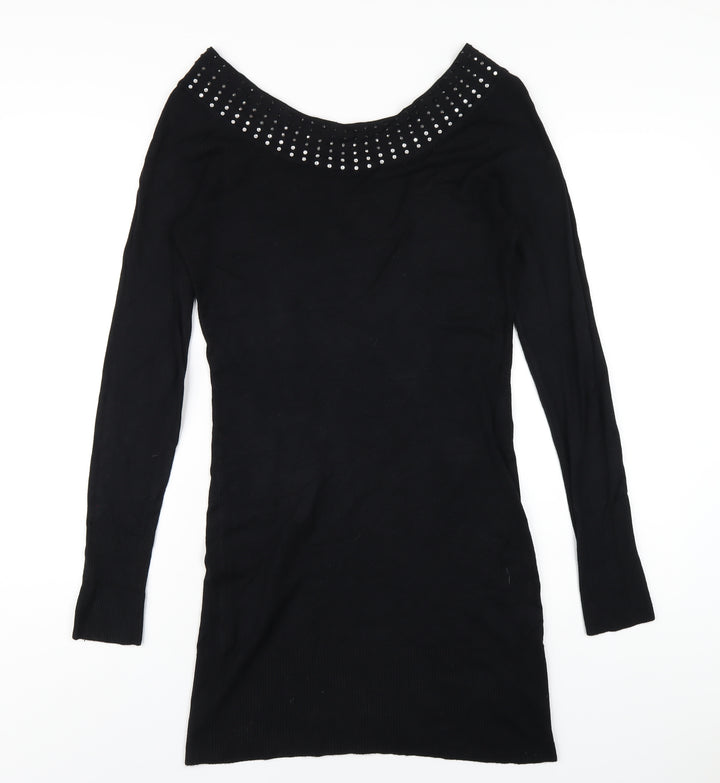 Y London Womens Black Viscose Bodycon Size L Boat Neck Pullover - Studded Neckline