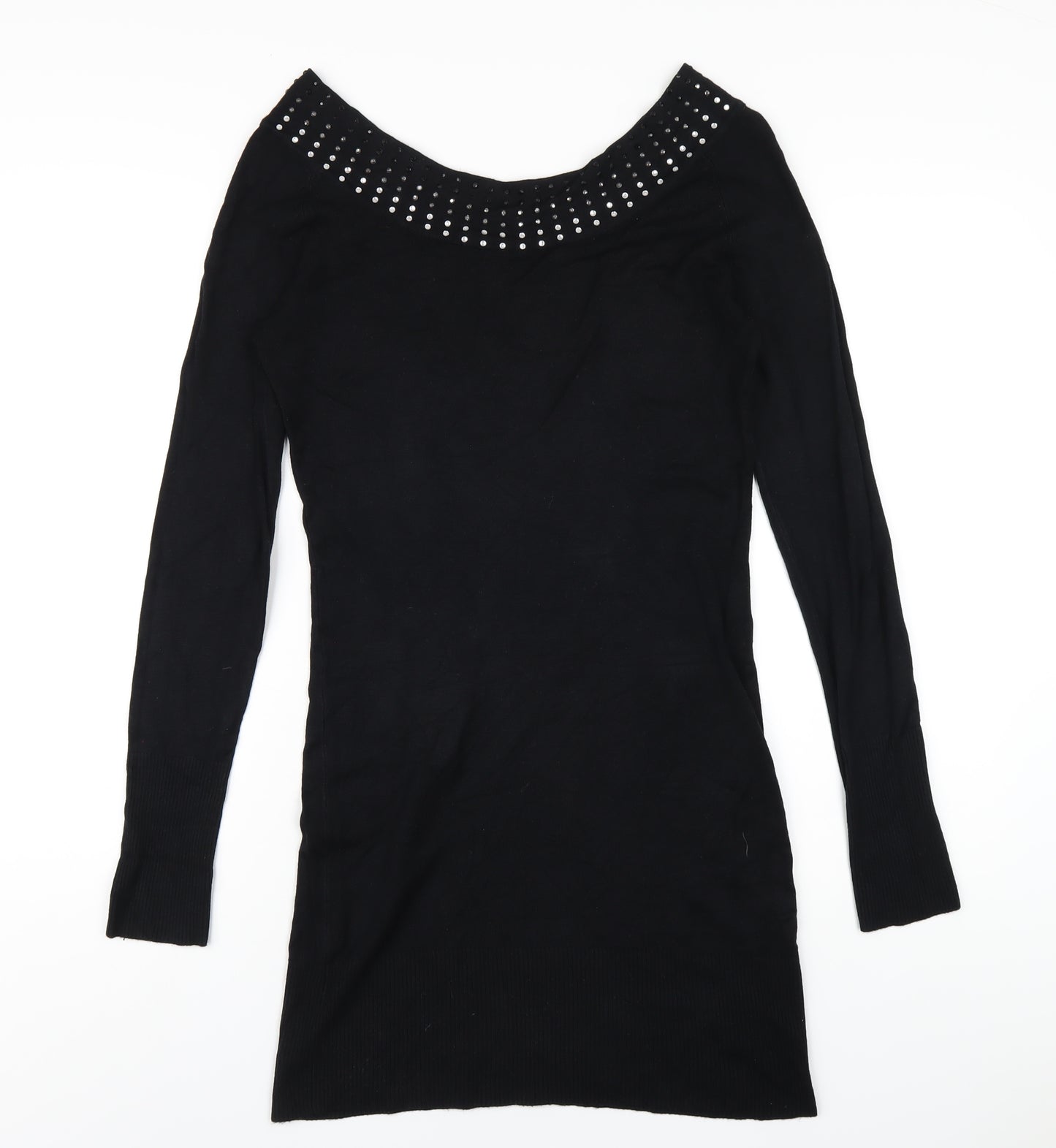 Y London Womens Black Viscose Bodycon Size L Boat Neck Pullover - Studded Neckline
