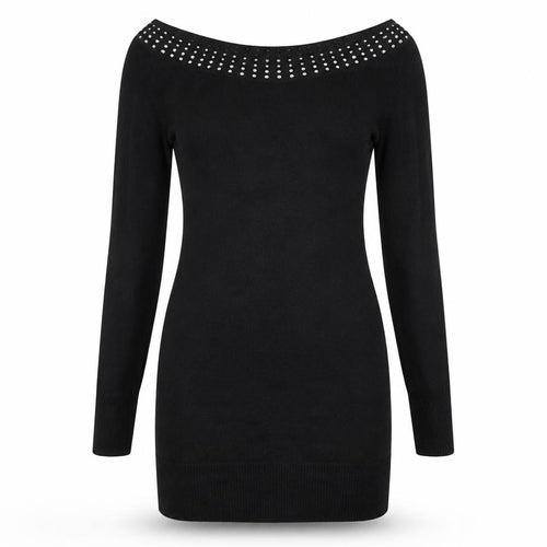 Y London Womens Black Viscose Bodycon Size L Boat Neck Pullover - Studded Neckline