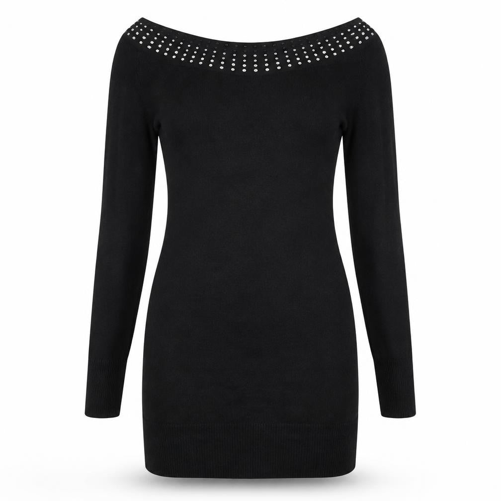 Y London Womens Black Viscose Bodycon Size L Boat Neck Pullover - Studded Neckline