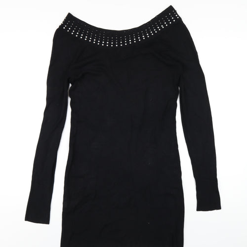 Y London Womens Black Viscose Bodycon Size L Boat Neck Pullover - Studded Neckline