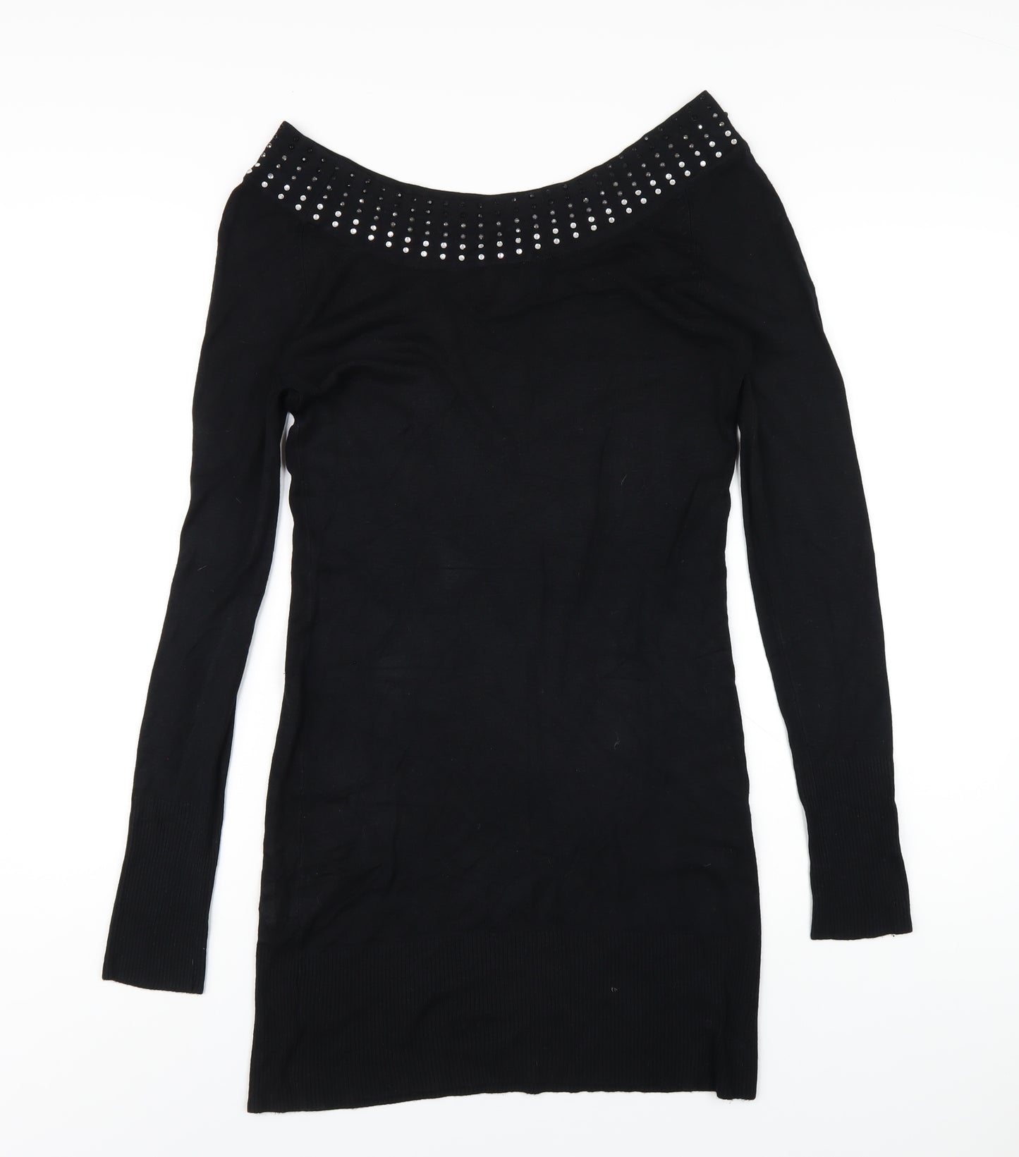 Y London Womens Black Viscose Bodycon Size L Boat Neck Pullover - Studded Neckline