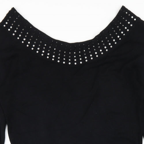 Y London Womens Black Viscose Bodycon Size L Boat Neck Pullover - Studded Neckline