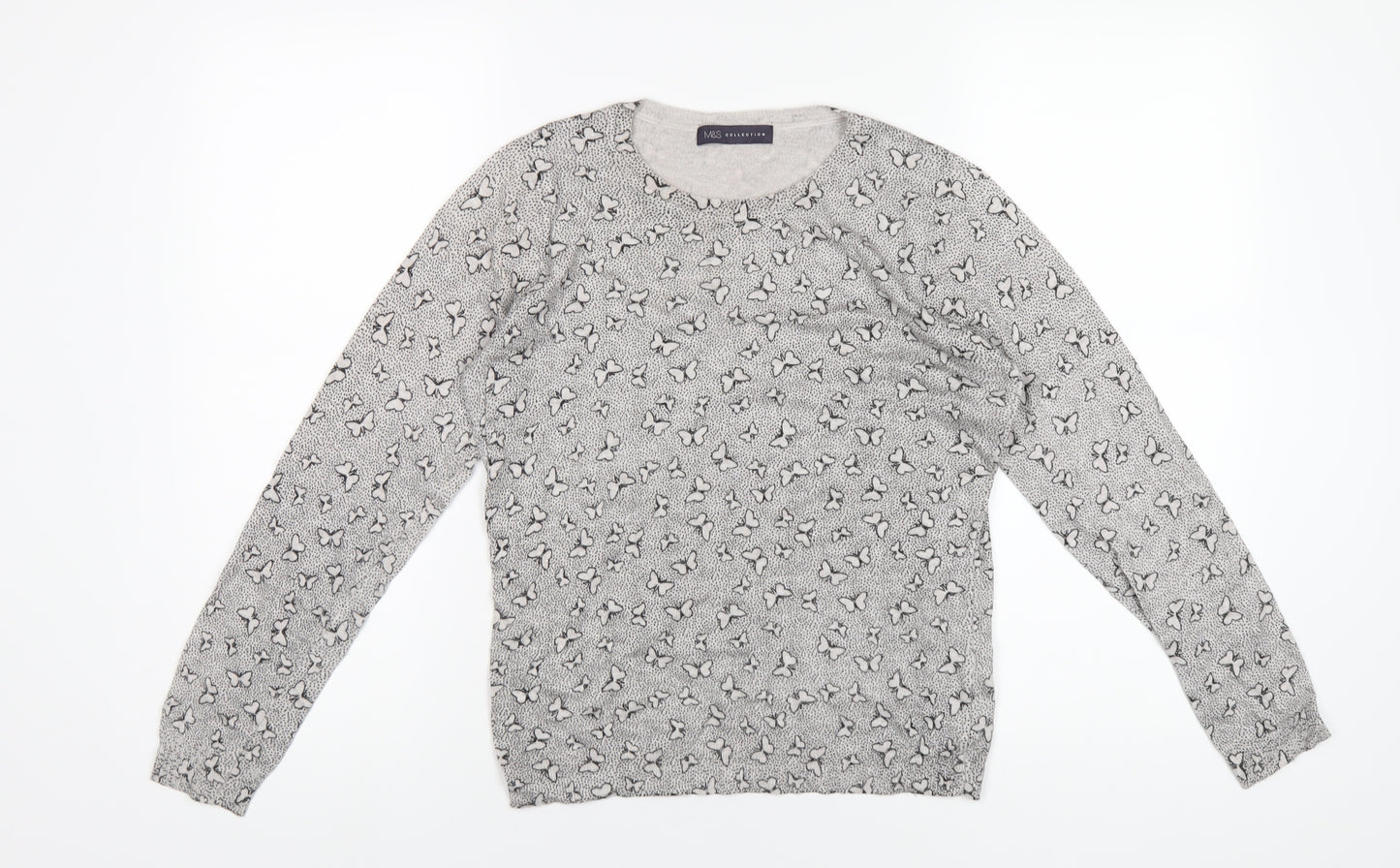 Marks and Spencer Womens Grey Round Neck Geometric Viscose Pullover Jumper Size 12