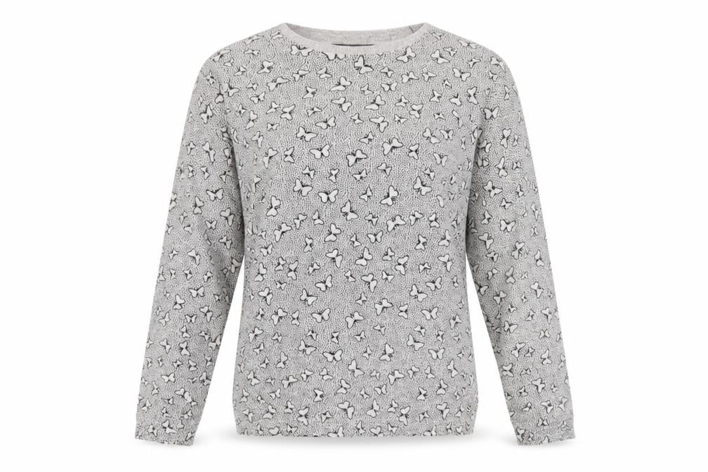 Front view of Marks & Spencer women’s grey round neck geometric viscose jumper, size UK 12